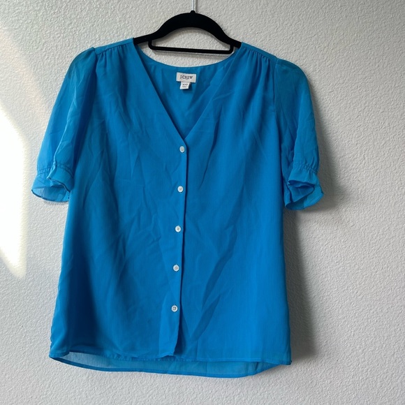 J. Crew Blue Puff Sleeve Buttoned Blouse - Picture 1 of 4
